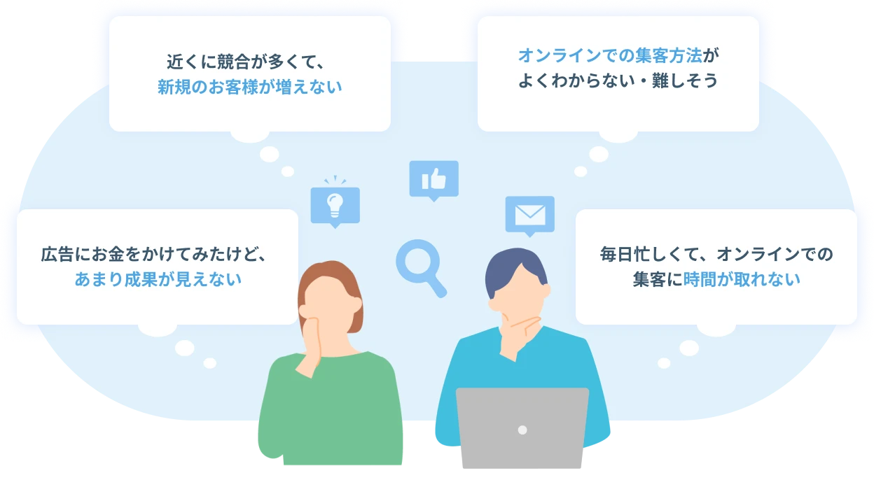 近くに競合が多くて新規のお客様が増えない、オンラインでの集客方法がよくわからない・難しそう、広告にお金をかけてみたけどあまり効果が見えない、毎日忙しくてオンラインでの集客に時間が取れない